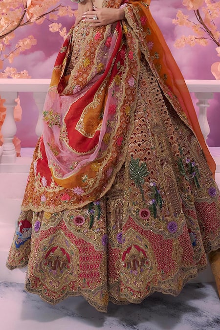 Label Ankush Jain_Orange Organza Pearls, Sequins, Beads Embroidered 3d Bridal Lehenga Set _at_Aza_Fashions