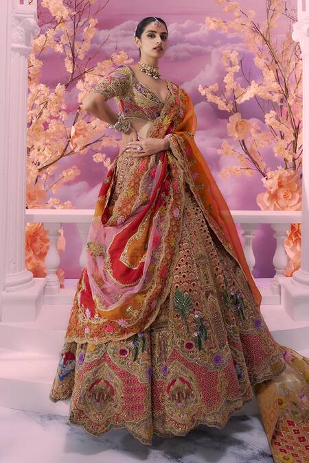 Buy_Label Ankush Jain_Orange Organza Pearls, Sequins, Beads Embroidered 3d Bridal Lehenga Set 