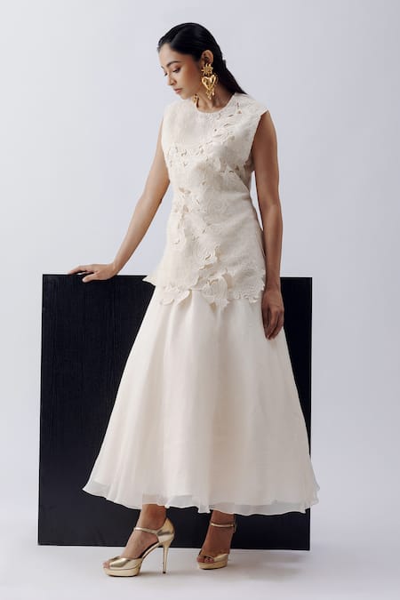 Richa Khemka Beige Cutwork Organza Dress & Top Set 