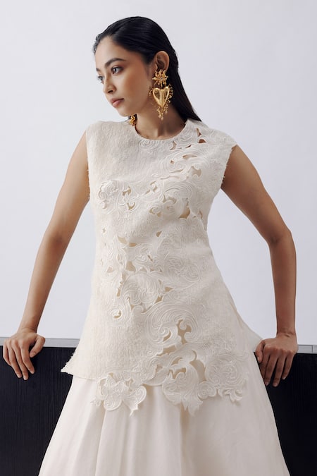 Richa Khemka_Beige Organza Cut Work Round Neck Dress And Top Set _Online_at_Aza_Fashions