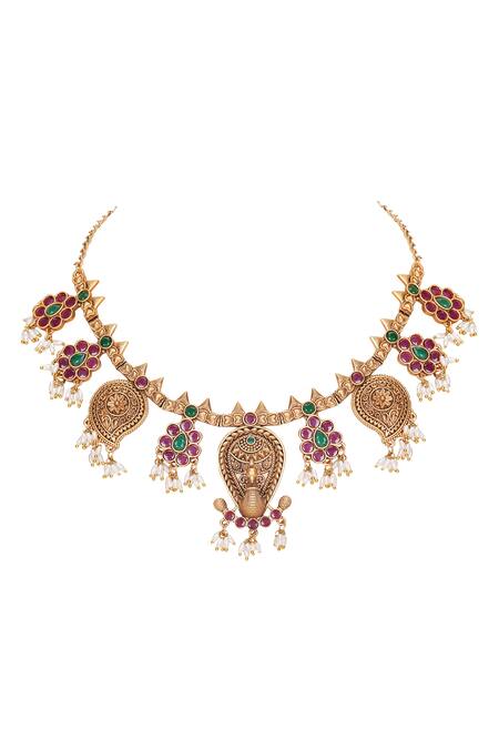 Auraa Trends_Gold Plated Pearls, Stones Embellished Peacock Choker Set _Online_at_Aza_Fashions