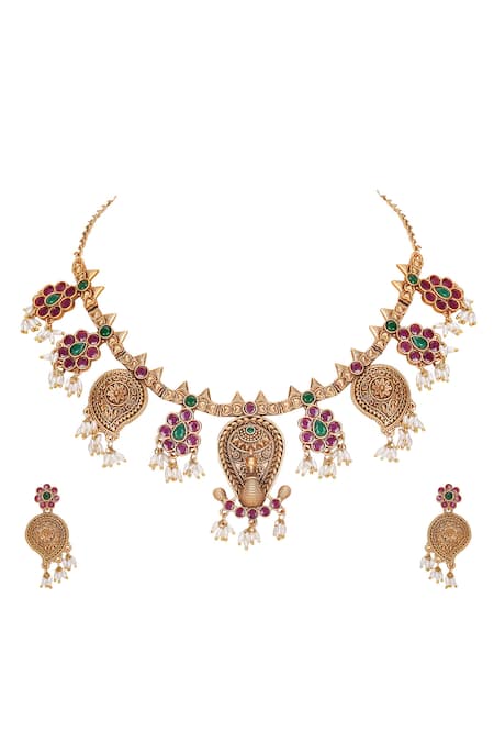 Buy_Auraa Trends_Gold Plated Pearls, Stones Embellished Peacock Choker Set _Online_at_Aza_Fashions