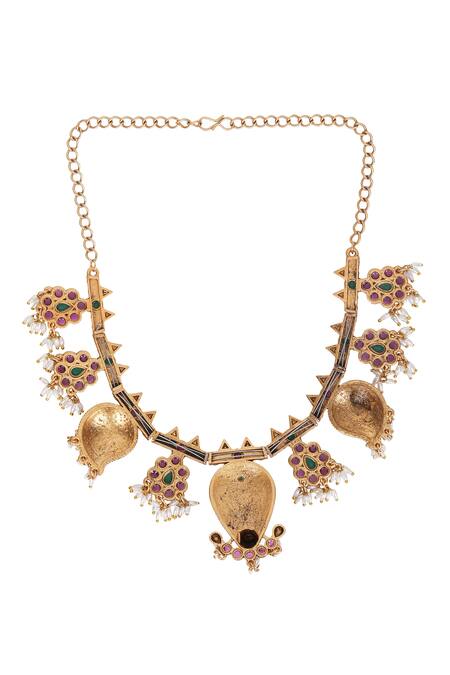 Auraa Trends_Gold Plated Pearls, Stones Embellished Peacock Choker Set _at_Aza_Fashions