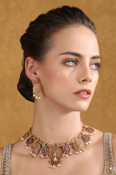 Shop_Auraa Trends_Gold Plated Pearls, Stones Embellished Peacock Choker Set 
