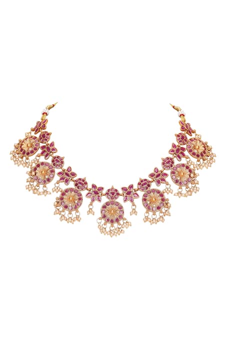 Auraa Trends_Rose Gold Stones, Pearls Floral Embellished Choker Set _Online_at_Aza_Fashions