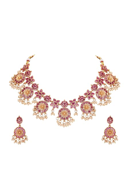 Buy Auraa Trends Rose Gold Stones, Pearls Floral Embellished Choker Set Online at Aza Fashions Buy_Auraa Trends_Rose Gold Stones, Pearls Floral Embellished Choker Set _Online_at_Aza_Fashions