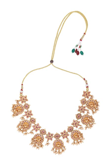 Buy_Auraa Trends_Rose Gold Stones, Pearls Floral Embellished Choker Set 