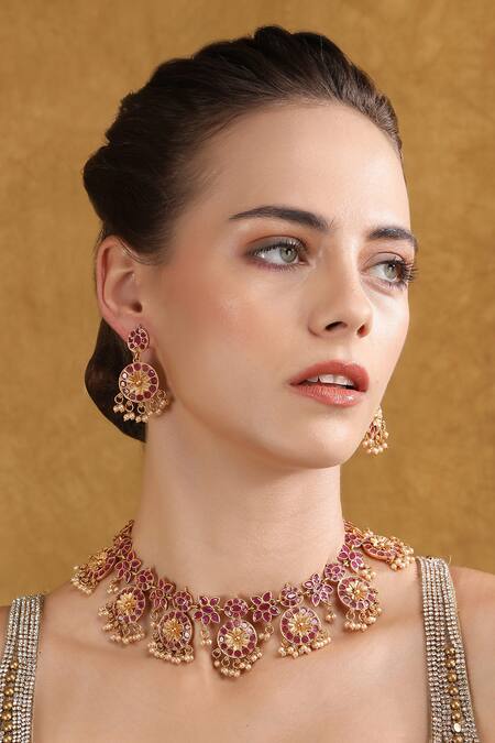 Shop_Auraa Trends_Rose Gold Stones, Pearls Floral Embellished Choker Set 