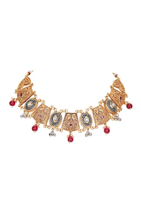 Auraa Trends_Gold Plated Stones, Beads Carved Dual Bar Choker Set _Online_at_Aza_Fashions