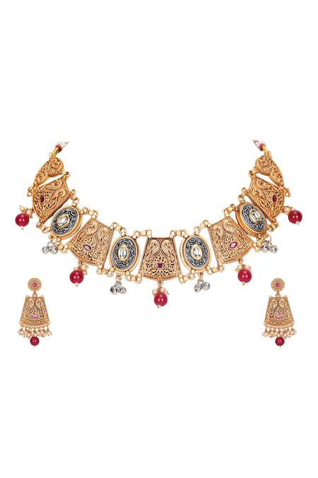 Buy_Auraa Trends_Gold Plated Stones, Beads Carved Dual Bar Choker Set _Online_at_Aza_Fashions
