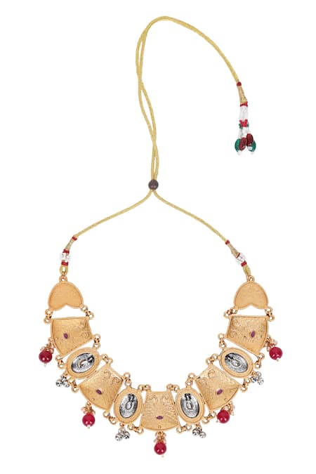 Buy_Auraa Trends_Gold Plated Stones, Beads Carved Dual Bar Choker Set 