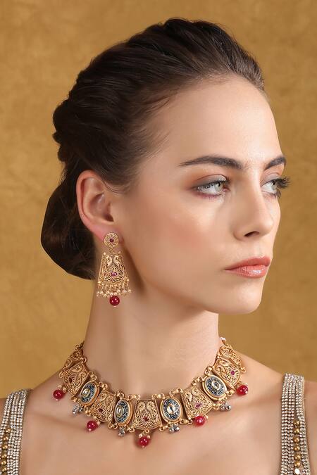 Shop_Auraa Trends_Gold Plated Stones, Beads Carved Dual Bar Choker Set 