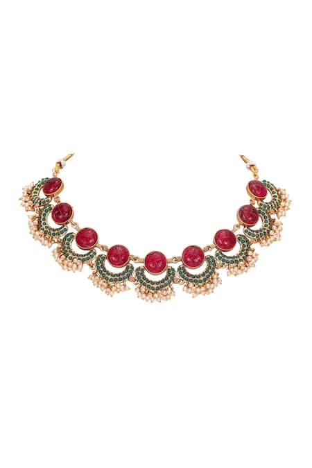 Auraa Trends_Gold Plated Pearls Kundan Half Moon Choker Set _Online_at_Aza_Fashions