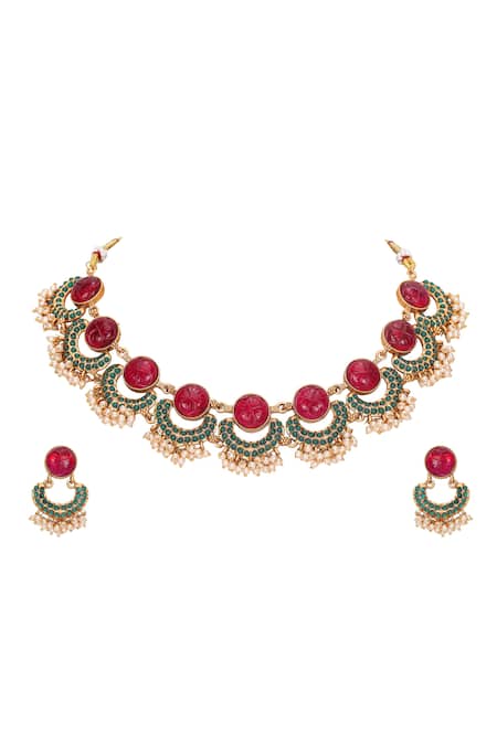 Buy Auraa Trends Gold Plated Pearls Kundan Half Moon Choker Set Online at Aza Fashions Buy_Auraa Trends_Gold Plated Pearls Kundan Half Moon Choker Set _Online_at_Aza_Fashions