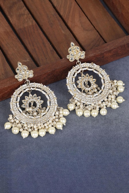 Shop_Auraa Trends_Gold Plated Pearls, Stones Tassel Chandbalis _at_Aza_Fashions