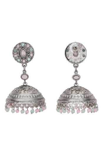 Buy_Auraa Trends_Silver Plated Stones, Beads Floral Jhumkas _Online_at_Aza_Fashions
