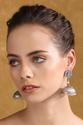 Shop_Auraa Trends_Silver Plated Stones, Beads Floral Jhumkas _Online_at_Aza_Fashions