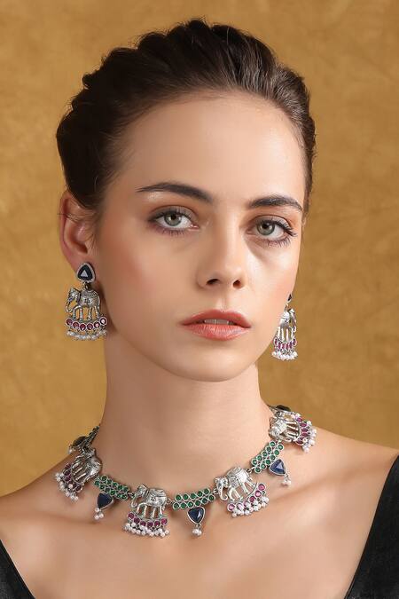 Auraa Trends_Silver Plated Pearls, Stones Elephant Motif Choker Set _Online_at_Aza_Fashions