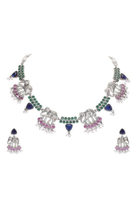 Shop_Auraa Trends_Silver Plated Pearls, Stones Elephant Motif Choker Set _Online_at_Aza_Fashions