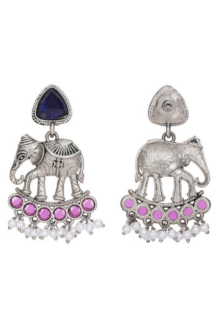 Buy_Auraa Trends_Silver Plated Pearls, Stones Elephant Motif Choker Set 