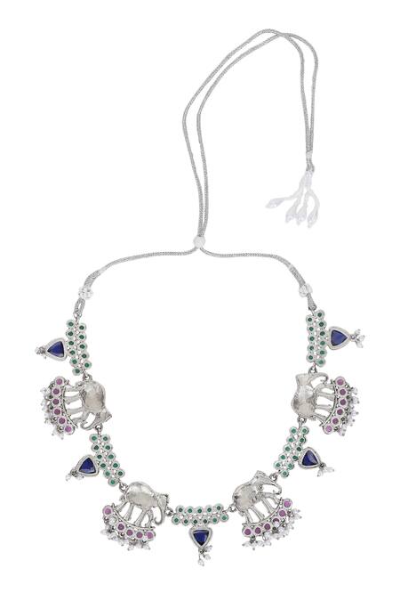 Shop_Auraa Trends_Silver Plated Pearls, Stones Elephant Motif Choker Set 