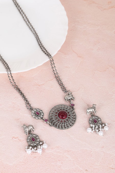 Shop_Auraa Trends_Silver Plated Pearls, Stones Beaded Necklace And Earring Set _at_Aza_Fashions