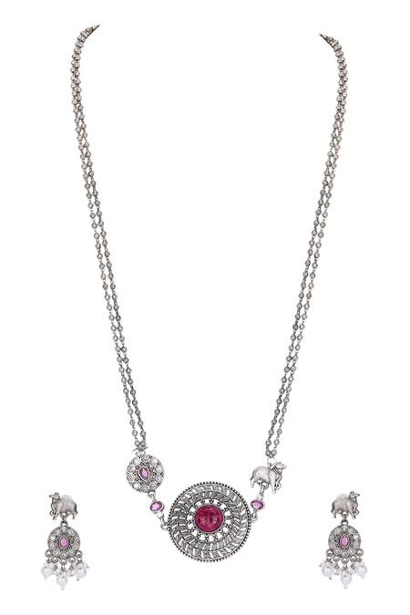 Buy Auraa Trends Silver Plated Pearls, Stones Beaded Necklace And Earring Set Online at Aza Fashions Buy_Auraa Trends_Silver Plated Pearls, Stones Beaded Necklace And Earring Set _Online_at_Aza_Fashions