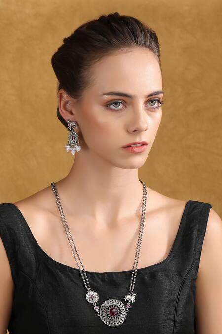 Buy_Auraa Trends_Silver Plated Pearls, Stones Beaded Necklace And Earring Set 