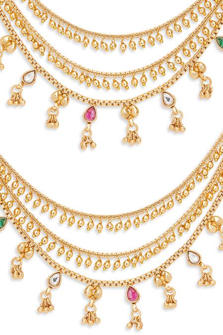 Curio Cottage_Gold Plated Gota Patti Ghungroo Embellished Layered Ear Chains_Online_at_Aza_Fashions