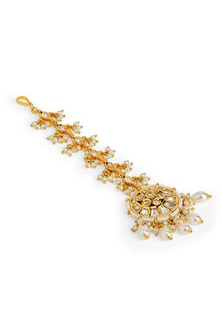 Shop Curio Cottage Gold Plated Blossom Moon Kundan Maangtikka at Aza Fashions Shop_Curio Cottage_Gold Plated Blossom Moon Kundan Maangtikka_at_Aza_Fashions