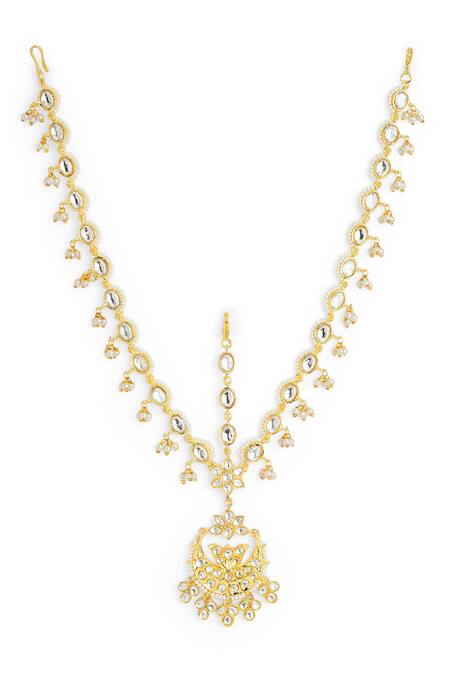 Shop_Curio Cottage_Gold Plated Kundan Pearl Embellished Mathapatti_at_Aza_Fashions