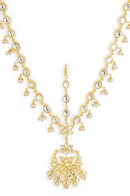 Curio Cottage_Gold Plated Kundan Pearl Embellished Mathapatti_Online_at_Aza_Fashions