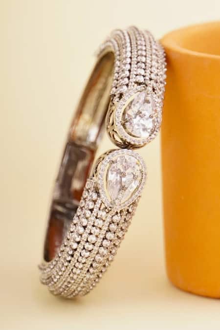 Shop Curio Cottage Silver Plated Diamonds, Pearls Faux Cuff Bracelet at Aza Fashions Shop_Curio Cottage_Silver Plated Diamonds, Pearls Faux Cuff Bracelet_at_Aza_Fashions