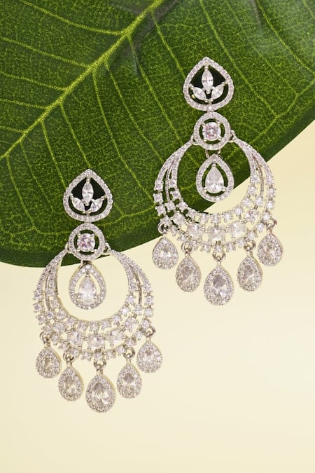 Shop Curio Cottage Silver Plated Fabric Flowers Faux Diamond Chandbalis at Aza Fashions Shop_Curio Cottage_Silver Plated Fabric Flowers Faux Diamond Chandbalis_at_Aza_Fashions