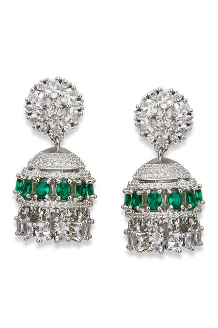 Curio Cottage_Silver Plated Fabric Flowers, Diamonds Emerald Stone And Faux Jhumkas_Online_at_Aza_Fashions