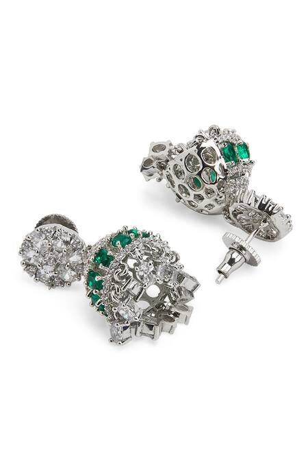 Buy_Curio Cottage_Silver Plated Fabric Flowers, Diamonds Emerald Stone And Faux Jhumkas_Online_at_Aza_Fashions