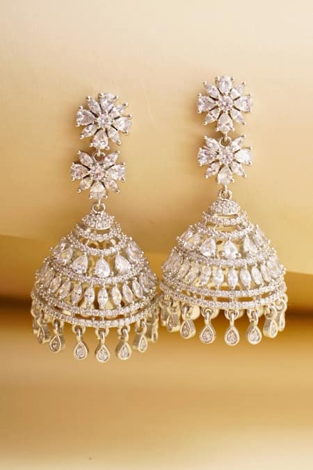 Shop Curio Cottage Silver Plated Fabric Flowers Faux Diamond Jhumkas at Aza Fashions Shop_Curio Cottage_Silver Plated Fabric Flowers Faux Diamond Jhumkas_at_Aza_Fashions