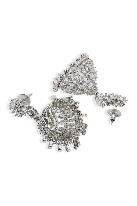 Buy Curio Cottage Silver Plated Fabric Flowers Faux Diamond Jhumkas Online at Aza Fashions Buy_Curio Cottage_Silver Plated Fabric Flowers Faux Diamond Jhumkas_Online_at_Aza_Fashions