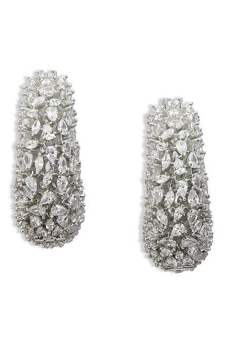 Curio Cottage_Silver Plated Fabric Flowers Faux Diamond Studded Frosted Hoop Earrings_Online_at_Aza_Fashions