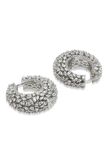 Buy_Curio Cottage_Silver Plated Fabric Flowers Faux Diamond Studded Frosted Hoop Earrings_Online_at_Aza_Fashions