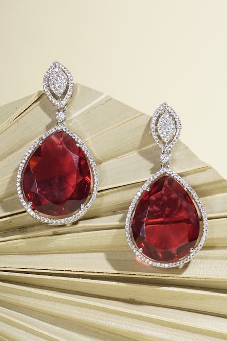 Shop Curio Cottage Red Rhinestones, Crystals, Diamonds Gemstone Faux Drop Earrings at Aza Fashions Shop_Curio Cottage_Red Rhinestones, Crystals, Diamonds Gemstone Faux Drop Earrings_at_Aza_Fashions