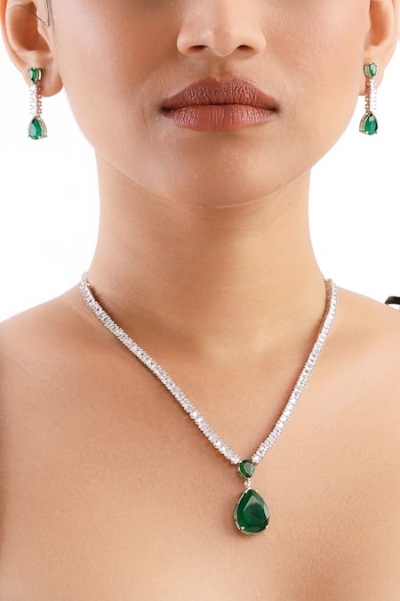 Curio Cottage The Diamante Emerald Stone Pendant Necklace Set 