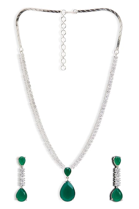 Curio Cottage_Silver Plated Fabric Flowers Emerald Stone And Faux Diamond Jewellery Set_Online_at_Aza_Fashions