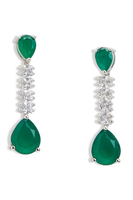 Curio Cottage_Silver Plated Fabric Flowers Emerald Stone And Faux Diamond Jewellery Set_at_Aza_Fashions