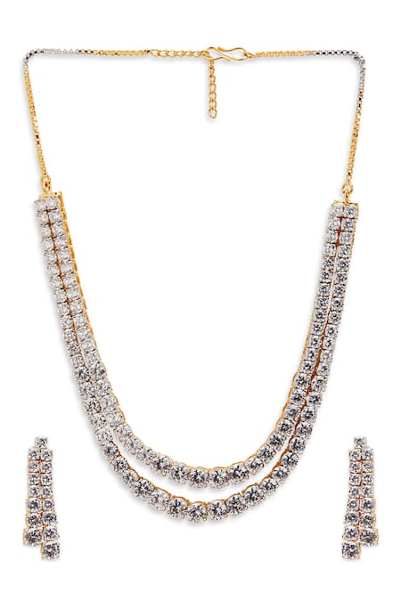 Curio Cottage_Silver Plated Fabric Flowers Faux Diamond Layered Necklace Set_Online_at_Aza_Fashions