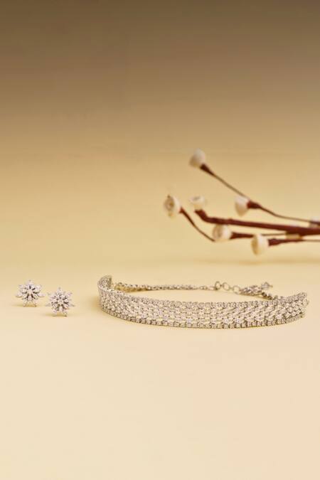 Shop Curio Cottage Silver Plated Fabric Flowers Faux Diamond Cluster Choker Set at Aza Fashions Shop_Curio Cottage_Silver Plated Fabric Flowers Faux Diamond Cluster Choker Set_at_Aza_Fashions
