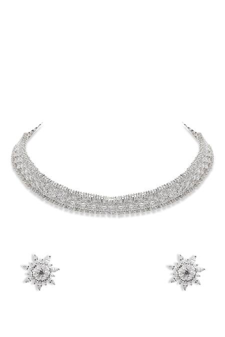 Curio Cottage Silver Plated Fabric Flowers Faux Diamond Cluster Choker Set Online at Aza Fashions Curio Cottage_Silver Plated Fabric Flowers Faux Diamond Cluster Choker Set_Online_at_Aza_Fashions