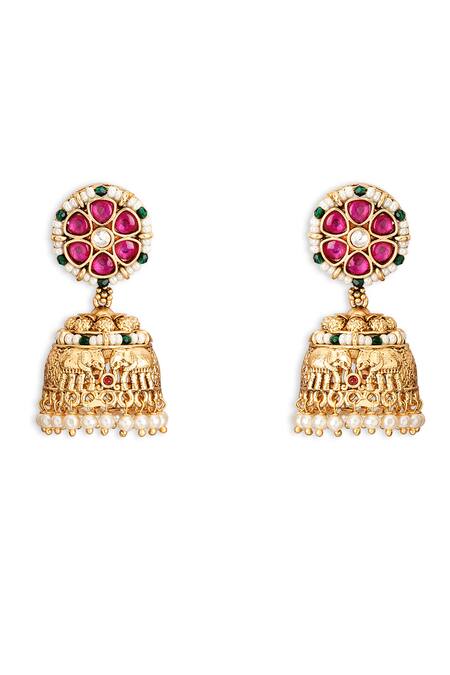 Shop Curio Cottage Gold Plated Stone Embellished Jhumkas at Aza Fashions Shop_Curio Cottage_Gold Plated Stone Embellished Jhumkas_at_Aza_Fashions