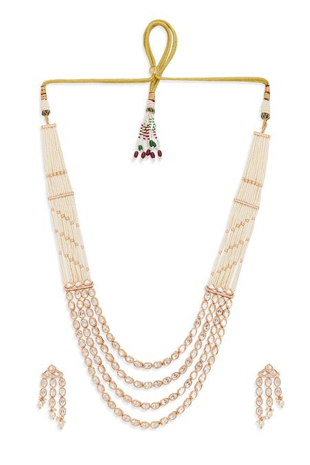 Shop Curio Cottage Gold Plated Zari Kundan Layered Necklace Set at Aza Fashions Shop_Curio Cottage_Gold Plated Zari Kundan Layered Necklace Set_at_Aza_Fashions