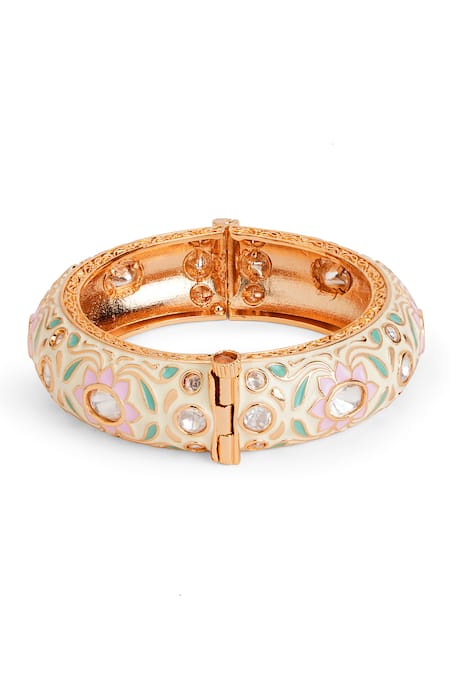 Shop Curio Cottage Gold Plated Stones Pastel Floral Enamel Bangle at Aza Fashions Shop_Curio Cottage_Gold Plated Stones Pastel Floral Enamel Bangle_at_Aza_Fashions